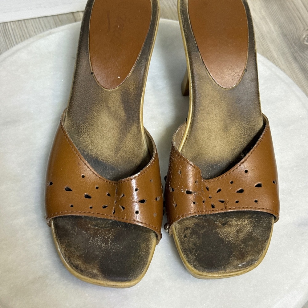 Vtg Candies Brown Leather Studded heels Platform Mules Square Toe 9 shoes y2k - Picture 12 of 15